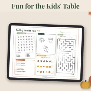 May include: A digital activity sheet titled Falling Leaves Fun displayed on a tablet screen. The page features a word search, coloring section with leaf and acorn outlines, a maze, a pattern completion game, and Would You Rather questions.