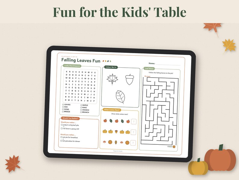 May include: A digital activity sheet titled Falling Leaves Fun displayed on a tablet screen. The page features a word search, coloring section with leaf and acorn outlines, a maze, a pattern completion game, and Would You Rather questions.