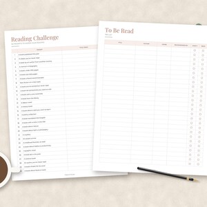 May include: Two white paper sheets featuring a reading challenge list and a to-be-read book log. The reading challenge includes numbered prompts, while the to-be-read list has columns for title, author, genre, recommended by, read, and notes.