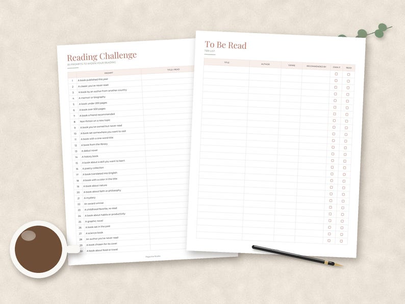 May include: Two white paper sheets featuring a reading challenge list and a to-be-read book log. The reading challenge includes numbered prompts, while the to-be-read list has columns for title, author, genre, recommended by, read, and notes.