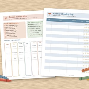 May include: Two printable activity sheets titled Screen Time Rules and Summer Reading Log. The Screen Time Rules sheet includes checklists for daily tasks and a weekly tracker. The Summer Reading Log features columns for date, title, author, pages, and star ratings.