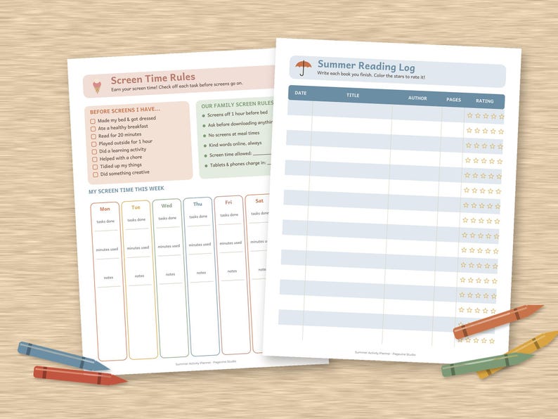 May include: Two printable activity sheets titled Screen Time Rules and Summer Reading Log. The Screen Time Rules sheet includes checklists for daily tasks and a weekly tracker. The Summer Reading Log features columns for date, title, author, pages, and star ratings.