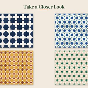 May include: Four square tiles featuring geometric patterns. Top left: navy blue and white cross shapes. Top right: blue, teal, and white star motifs. Bottom left: mustard yellow and terracotta star shapes. Bottom right: green and beige star patterns.