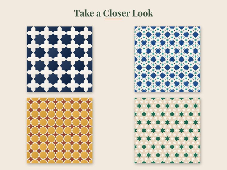 May include: Four square tiles featuring geometric patterns. Top left: navy blue and white cross shapes. Top right: blue, teal, and white star motifs. Bottom left: mustard yellow and terracotta star shapes. Bottom right: green and beige star patterns.