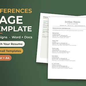 May include: A digital references page template for resumes featuring text that reads REFERENCES PAGE TEMPLATE, 6 Designs, Word + Docs, Match Your Resume, 12 Email Templates, and Letter + A4. The document displays a professional reference list.