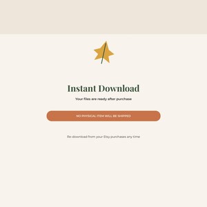May include: A digital graphic featuring a yellow star icon above the text Instant Download, Your files are ready after purchase, a burnt orange button labelled NO PHYSICAL ITEM WILL BE SHIPPED, and Re-download from your Etsy purchases any time.