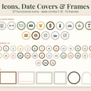 May include: A digital sticker set titled Icons, Date Covers & Frames featuring 27 functional icons, date circles numbered 1-31, and 10 frames. The icons include symbols for money, fitness, dining, cars, coffee, and more, all in a muted color palette.