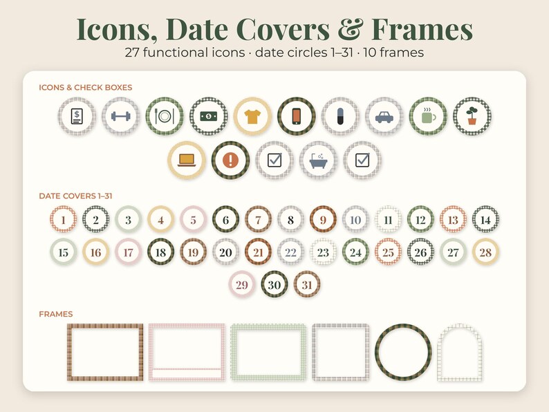 May include: A digital sticker set titled Icons, Date Covers & Frames featuring 27 functional icons, date circles numbered 1-31, and 10 frames. The icons include symbols for money, fitness, dining, cars, coffee, and more, all in a muted color palette.