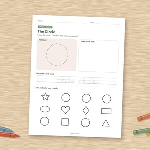 May include: A white educational worksheet titled The Circle with sections to trace a circle, draw a circle, and trace the word circle. The bottom section features a grid of various shapes including stars, circles, hearts, diamonds, squares, and triangles.