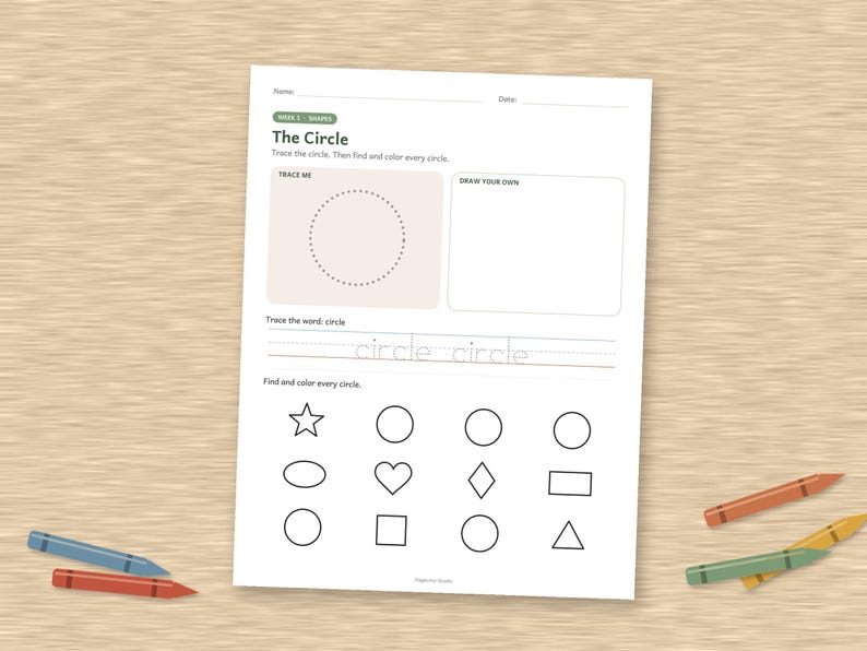 May include: A white educational worksheet titled The Circle with sections to trace a circle, draw a circle, and trace the word circle. The bottom section features a grid of various shapes including stars, circles, hearts, diamonds, squares, and triangles.
