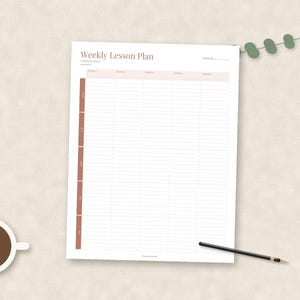 May include: A white weekly lesson plan template with a grid layout, featuring the text Weekly Lesson Plan at the top, five vertical columns for subjects, and five horizontal rows for days of the week, accented with muted terracotta and brown tones.