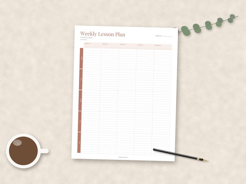 May include: A white weekly lesson plan template with a grid layout, featuring the text Weekly Lesson Plan at the top, five vertical columns for subjects, and five horizontal rows for days of the week, accented with muted terracotta and brown tones.