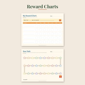May include: Two printable reward charts on a light background. The top chart is titled My Reward Chart with rows for tasks and columns for days of the week. The bottom chart is titled Star Path with a sequence of colorful stars leading to a gift icon.