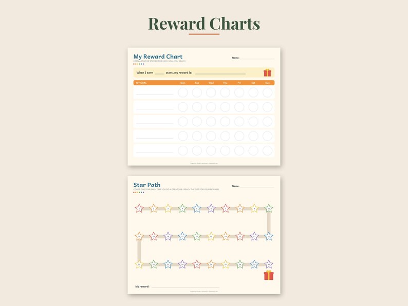 May include: Two printable reward charts on a light background. The top chart is titled My Reward Chart with rows for tasks and columns for days of the week. The bottom chart is titled Star Path with a sequence of colorful stars leading to a gift icon.