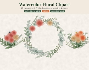 Watercolor Flowers Clipart, 40 Floral PNG Bouquets and Wreaths, Wedding Commercial Use