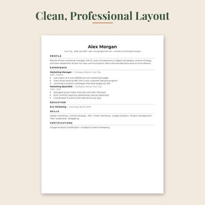 May include: A professional resume template titled Clean, Professional Layout featuring the name Alex Morgan at the top. The document includes sections for Profile, Experience, Education, Skills, and Certifications with black text on a white background.