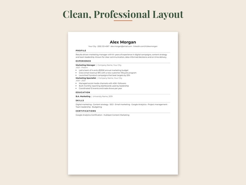 May include: A professional resume template titled Clean, Professional Layout featuring the name Alex Morgan at the top. The document includes sections for Profile, Experience, Education, Skills, and Certifications with black text on a white background.