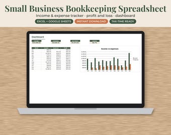Small Business Bookkeeping Spreadsheet, Income Expense Tracker, P&L Dashboard