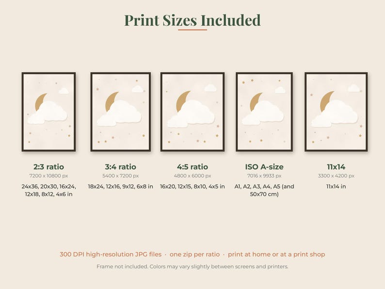 May include: A digital graphic titled Print Sizes Included displaying five identical framed art prints featuring a gold crescent moon and white clouds on a beige background. Text lists ratios 2:3, 3:4, 4:5, ISO A-size, and 11x14 with pixel and inch dimensions.