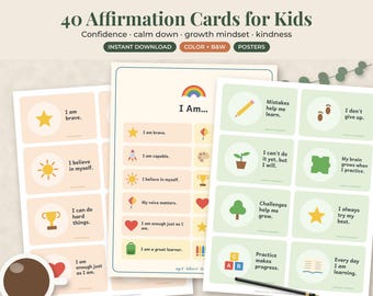 Affirmation Cards for Kids Printable, 40 Positive Confidence Cards, Growth Mindset