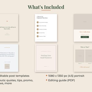 Peut inclure: Un ensemble de six mod&egrave;les de publications pour r&eacute;seaux sociaux dans une palette de couleurs neutres. Les mod&egrave;les pr&eacute;sentent diverses mises en page, notamment des citations, des conseils, une promotion, des avis et un sondage.