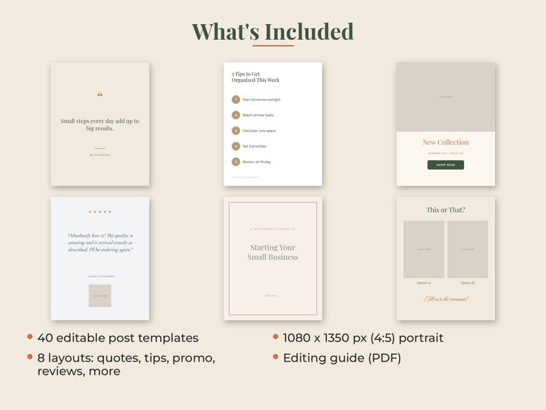 Peut inclure: Un ensemble de six mod&egrave;les de publications pour r&eacute;seaux sociaux dans une palette de couleurs neutres. Les mod&egrave;les pr&eacute;sentent diverses mises en page, notamment des citations, des conseils, une promotion, des avis et un sondage.