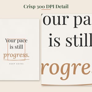 May include: A rectangular wall art print featuring the black text Your pace is still and the brown text progress. A thin brown rectangular border surrounds the word pace, and the words KEEP GOING appear in small black text at the bottom.