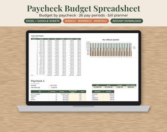 Paycheck Budget Spreadsheet, Biweekly Bill Planner, Excel and Google Sheets