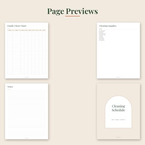 May include: Four digital planner pages displayed on a light beige background. The pages include a Family Chore Chart with a grid, a Cleaning Supplies checklist, a lined Notes page, and a Cleaning Schedule cover page featuring an arched design.