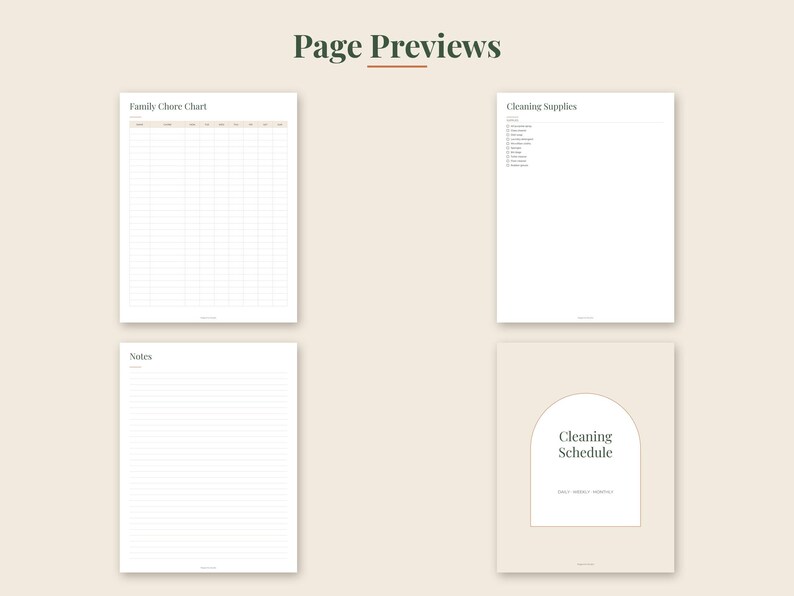 May include: Four digital planner pages displayed on a light beige background. The pages include a Family Chore Chart with a grid, a Cleaning Supplies checklist, a lined Notes page, and a Cleaning Schedule cover page featuring an arched design.