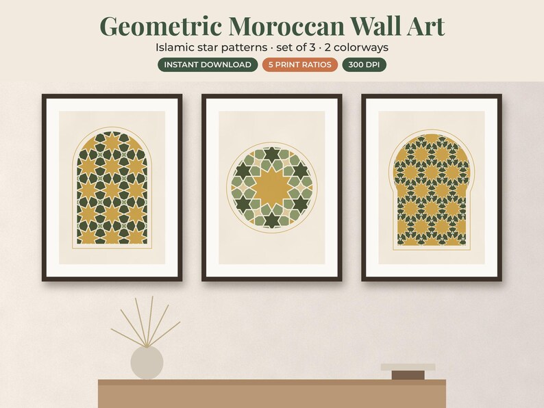 May include: A set of three wall art prints featuring geometric Islamic star patterns in shades of mustard yellow, olive green, and cream. The text reads Geometric Moroccan Wall Art, Islamic star patterns, set of 3, 2 colorways, INSTANT DOWNLOAD, 5 PRINT RATIOS, 300 DPI.