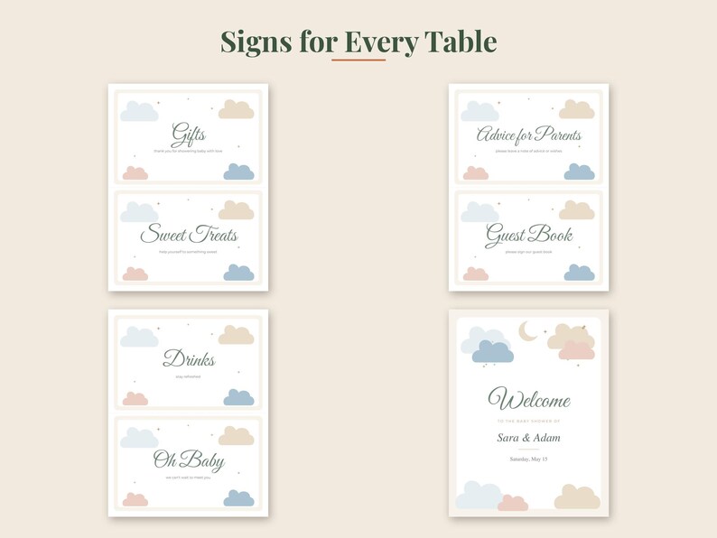 May include: A set of seven rectangular signs with a cloud and star theme in muted blue, pink, and beige. The signs feature the text: Signs for Every Table, Gifts, Sweet Treats, Drinks, Oh Baby, Advice for Parents, Guest Book, and Welcome Sara & Adam.