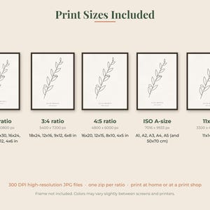 May include: A digital print set featuring five identical framed art displays of a black line-art olive branch on a white background. Text includes Print Sizes Included, ratios 2:3, 3:4, 4:5, ISO A-size, 11x14, and various dimensions in inches.