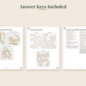 May include: Three white pages titled Answer Keys Included, displaying solutions for word searches, mazes, and math activities. The pages feature grids with highlighted words, line-based maze paths, and lists of text-based answers for counting and codes.