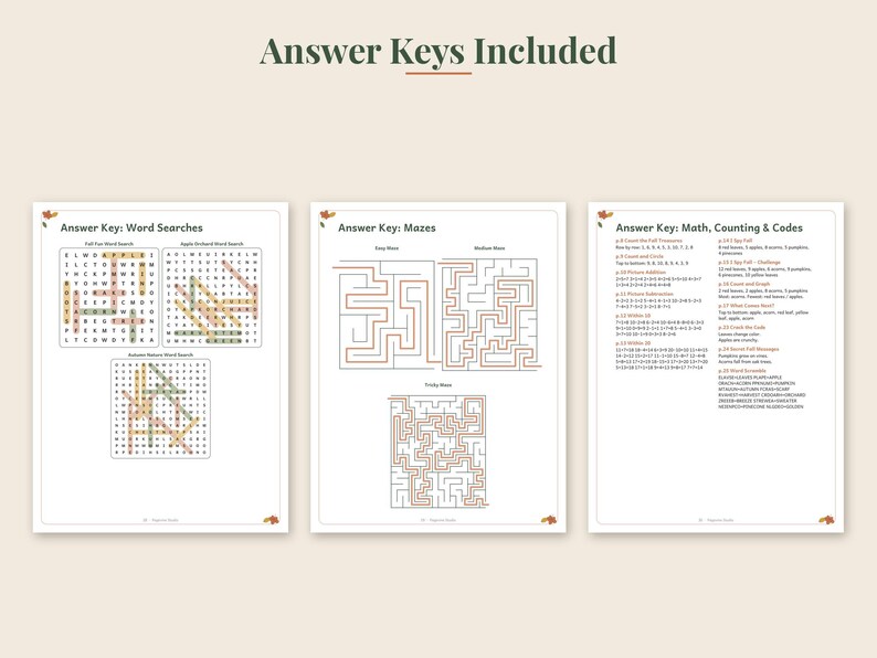 May include: Three white pages titled Answer Keys Included, displaying solutions for word searches, mazes, and math activities. The pages feature grids with highlighted words, line-based maze paths, and lists of text-based answers for counting and codes.