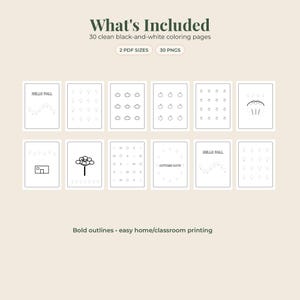 Puede incluir: Una colecci&oacute;n digital de 30 p&aacute;ginas para colorear en blanco y negro con temas oto&ntilde;ales. El conjunto incluye 2 tama&ntilde;os de PDF y 30 archivos PNG. Las p&aacute;ginas muestran dibujos de l&iacute;neas de calabazas, &aacute;rboles, casas y textos.