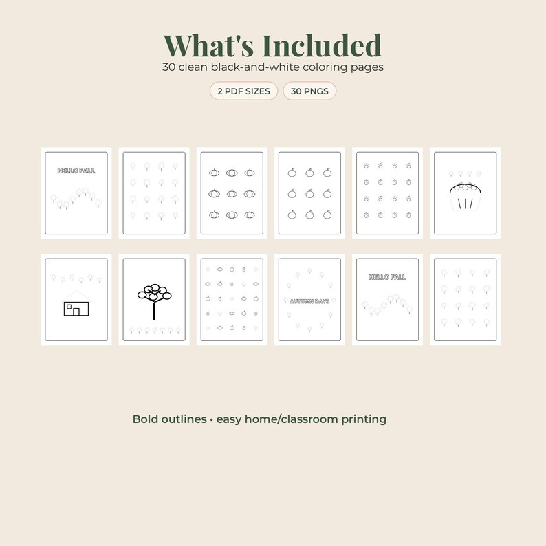 Puede incluir: Una colecci&oacute;n digital de 30 p&aacute;ginas para colorear en blanco y negro con temas oto&ntilde;ales. El conjunto incluye 2 tama&ntilde;os de PDF y 30 archivos PNG. Las p&aacute;ginas muestran dibujos de l&iacute;neas de calabazas, &aacute;rboles, casas y textos.
