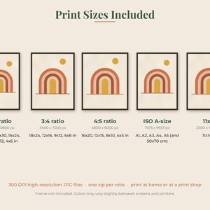 May include: A digital graphic displaying five identical framed art prints featuring a rainbow and sun motif in shades of orange, pink, and yellow. Text lists various print sizes including 2:3, 3:4, 4:5 ratios, ISO A-sizes, and 11x14 inches, plus 300 DPI resolution details.