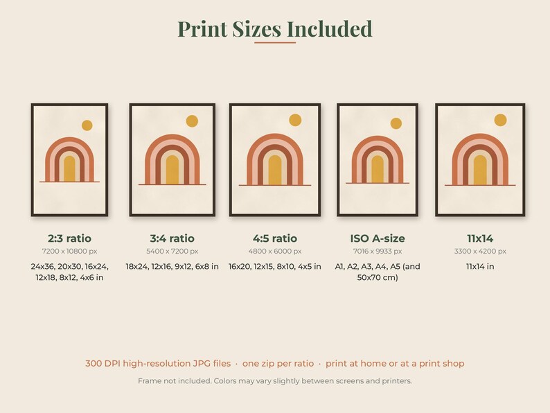 May include: A digital graphic displaying five identical framed art prints featuring a rainbow and sun motif in shades of orange, pink, and yellow. Text lists various print sizes including 2:3, 3:4, 4:5 ratios, ISO A-sizes, and 11x14 inches, plus 300 DPI resolution details.