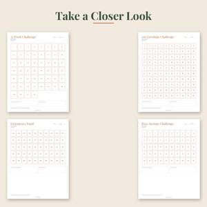 May include: Four white financial savings tracker sheets with dark text. The sheets are titled 52 Week Challenge, 100 Envelope Challenge, Emergency Fund, and $500 Savings Challenge. Each sheet features a grid of numbered boxes for tracking progress.