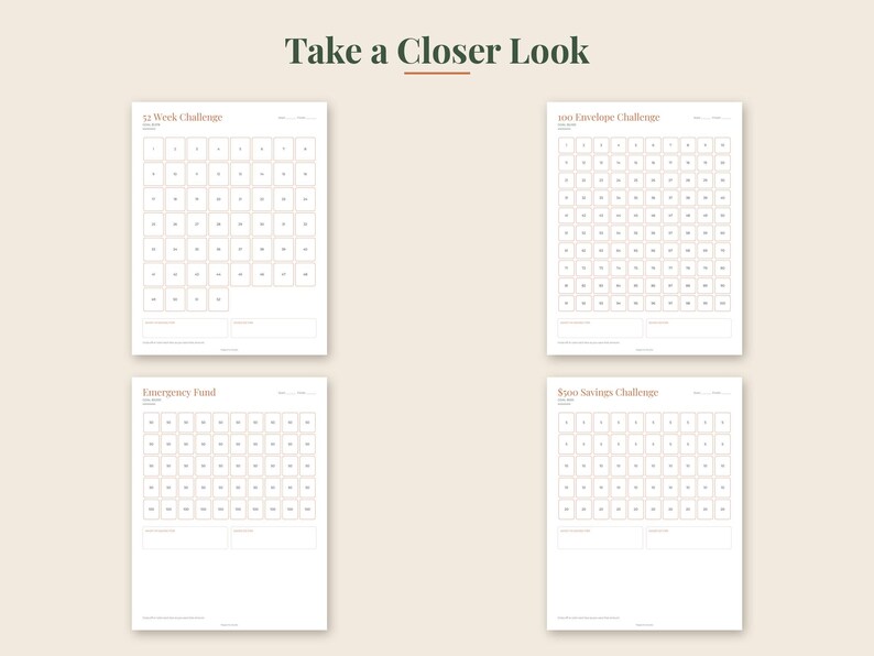 May include: Four white financial savings tracker sheets with dark text. The sheets are titled 52 Week Challenge, 100 Envelope Challenge, Emergency Fund, and $500 Savings Challenge. Each sheet features a grid of numbered boxes for tracking progress.