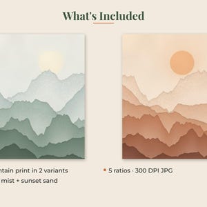 May include: Two digital mountain landscape prints labeled What's Included. One print features sage green layers with a pale sun, the other features terracotta and sand tones with a warm sun. Text includes Mountain print in 2 variants, Sage mist + sunset sand, 5 ratios, and 300 DPI JPG.