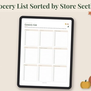 May include: A digital tablet displaying a grocery list template organized by store sections. The document features the title Grocery List and nine distinct columns with checkboxes for items. The interface includes light tan headers and lines.