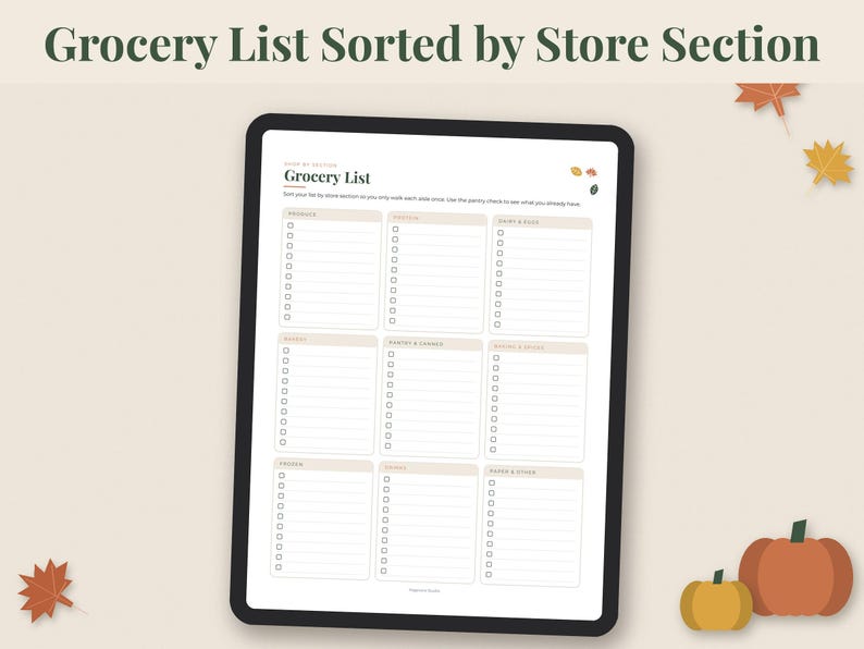 May include: A digital tablet displaying a grocery list template organized by store sections. The document features the title Grocery List and nine distinct columns with checkboxes for items. The interface includes light tan headers and lines.