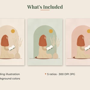May include: Three digital art prints featuring a person in a hijab reading a book under an archway with a sun and pampas grass. The text reads What's Included, 1 reading illustration, 3 background colors, 5 ratios, and 300 DPI JPG.