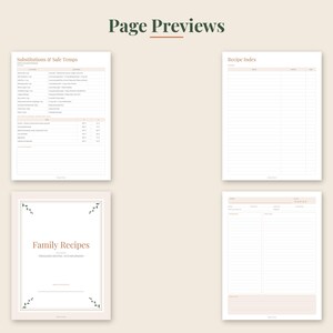May include: Four digital recipe planner pages with a light beige background and dark text. The pages include a Family Recipes cover, a Substitutions and Safe Temps chart, a Recipe Index, and a lined recipe template with space for notes.