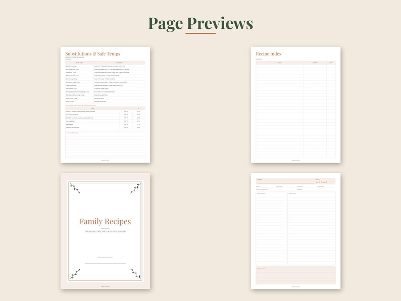 May include: Four digital recipe planner pages with a light beige background and dark text. The pages include a Family Recipes cover, a Substitutions and Safe Temps chart, a Recipe Index, and a lined recipe template with space for notes.