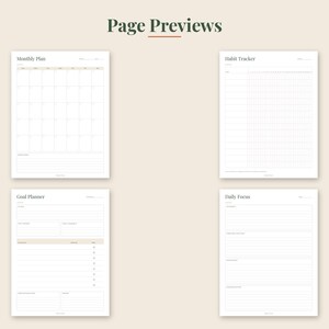 May include: Four white planner pages titled Page Previews, including a Monthly Plan with a calendar grid, a Habit Tracker with a grid, a Goal Planner with lined sections, and a Daily Focus page with lined areas for notes and tasks.