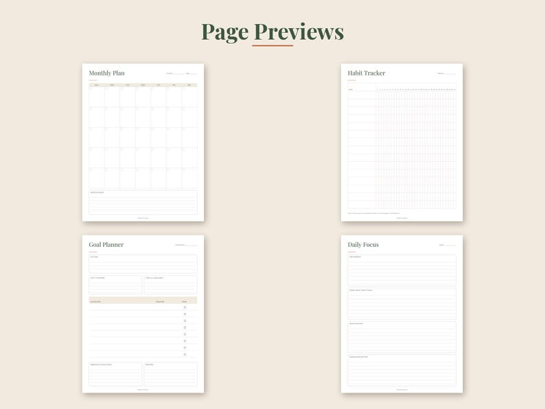 May include: Four white planner pages titled Page Previews, including a Monthly Plan with a calendar grid, a Habit Tracker with a grid, a Goal Planner with lined sections, and a Daily Focus page with lined areas for notes and tasks.