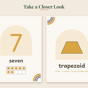 May include: Two educational flashcards with the text Take a Closer Look. The left card shows the number 7, the word seven, and a ten-frame with seven dots. The right card shows a yellow trapezoid, the word trapezoid, and its geometric properties.